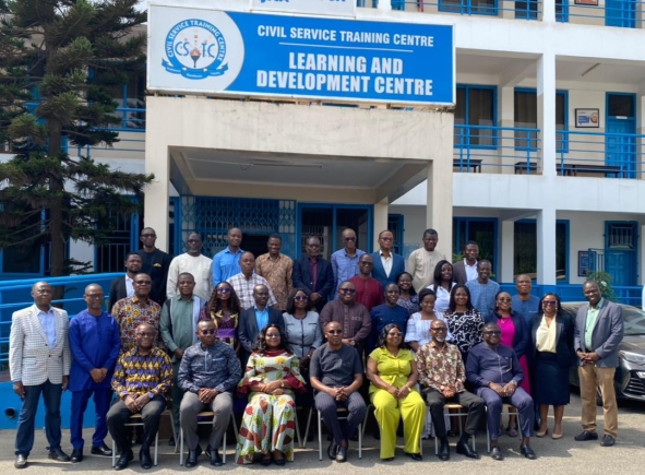 Mallam Issah Ishok, CEO of Ghana Highway Authority (middle seated), and Ing. J. Brocke, former Chief Director of the Office of Head of Civil Service (1st from left), Paul Duah, Ag Deputy Chief Executive Administration (2nd from right) and Joyce Agbeka, Director of Training &amp; Development at GHA (3rd from right) with other management staff of GHA at the training