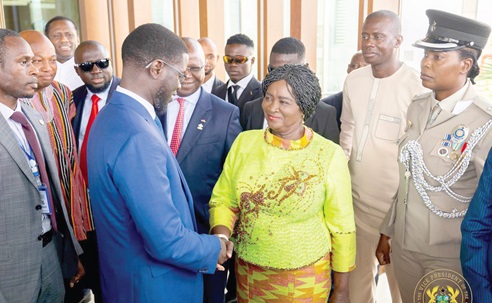 Vice-President Naana Jane Opoku-Agyemang (3rd from right) exchanging pleasantries with some members of the Ghanaian community in Guinea
