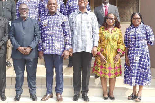 Justice Paul Baffoe-Bonnie (2nd from left), Chief Justice; Prof. Jinapor (3rd from left), Director-General, GTEC, and Prof. Raymond Atuguba (3rd from right), Ag Director of the Ghana School of  Law, with other officials after the meeting