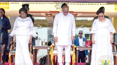 President Mahama flanked by Vice-President Naana Jane Opoku-Agyemang (left) and Lordina Mahama, First Lady during a non-denominational service marking his one year in office