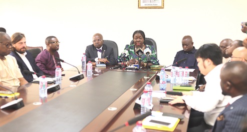 Elizabeth Ofosu-Adjare (arrowed), Minister of Trade, Agribusiness and Industry, speaking at the media briefing. Picture: EDNA SALVO KOTEY