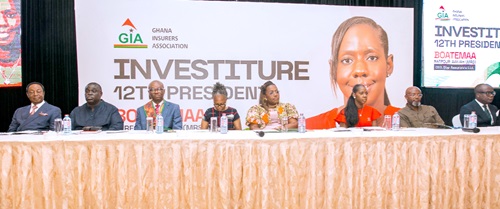 Dr Kwabena Duffuor (left), a former Finance Minister; David Klottey Collison (2nd from left), Coordinating Director, Ministry of Finance; Seth Aklasi (3rd from left), Immediate past president, GIA; Dr Abiba Zakariah (4th from left), Ag. Commissioner, Insurance; Nana Oye Bampoe Addo (5th from left), Deputy Chief of Staff in Charge of Administration; Boatemaa Barfour-Awuah (3rd from right), the 12th GIA President, and some players in the insurance industry at the event