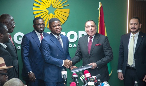 Sammy Gyamfi, CEO, GoldBod, and Dr Said Deraz (2nd from right), CEO, Gold Coast Refinery, exchanging the signed documents. Picture: DOUGLAS ANANE-FRIMPONG