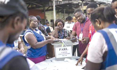 Electoral officers sorting out ballots after close of voting