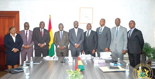 Justice Paul Baffoe-Bonnie (4th from left), Chief Justice, and Dr Cassiel Ato Forson (5th from right), Dr Dominic Ayine (4th from right), Attorney — General, Gabriel Scott  Pwamang (3rd from left), Supreme Court Judge, after the meeting.