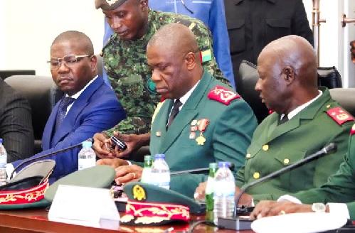 Major-General Horta Inta-a (middle), Guinea-Bissau's transitional President,  at a press conference in Bissau