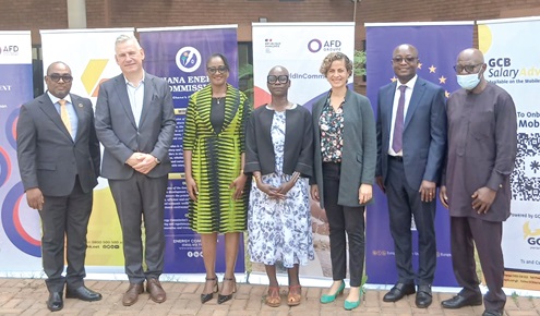 Eunice A. Biritwum (3rd from left), acting Executive Secretary of the Energy Commission, with Rune Skinnebach (2nd from left), the EU Ambassador to Ghana; Diarra Dimé-Labille (middle), Ambassador-designate of France to Ghana; Clementine Dardy (3rd from right), Country Director of AFD, and bank officials after the event