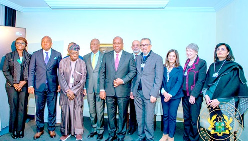 President John Dramani Mahama (middle), with Olusegun Obasanjo (3rd from left), former President of Nigeria; Samuel Okudzeto Ablakwa (2nd from left), Ghana’s Minister of Foreign Affairs, and other delegates attending the World Economic Forum