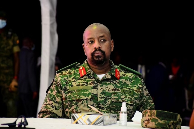 Lt. General Muhoozi Kainerugaba, the son of Uganda's President Yoweri Museveni, who leads the Ugandan army's land forces, looks on during his birthday party in Entebbe, Uganda May 7, 2022. REUTERS/Abubaker Lubowa/File Photo