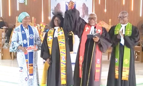 Rev Enoch Adjei Pobee (2nd from right), Chairperson of the Ga West Presbytery of the Presbyterian Church of Ghana (PCG), introducing Rev Mrs Beatrice Ansah Kwakye (2nd from left)  as the new District Minister of the newly created Awoshie District
