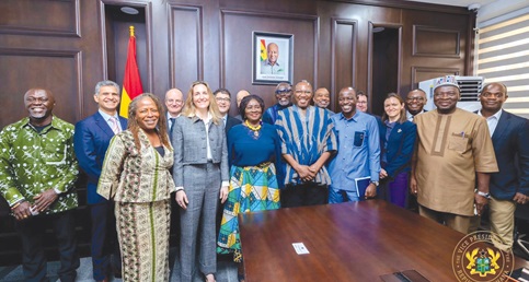 Prof. Naana Jane Opoku-Agyemang (3rd from left), Vice-President, and Lavinia Jacobs-Hodson (2nd from left), Chairperson of Board of Trustees, Jacobs Foundation. With them is Dr Clement Apaak (4th from left), Deputy Education Minister and some officials at the meeting