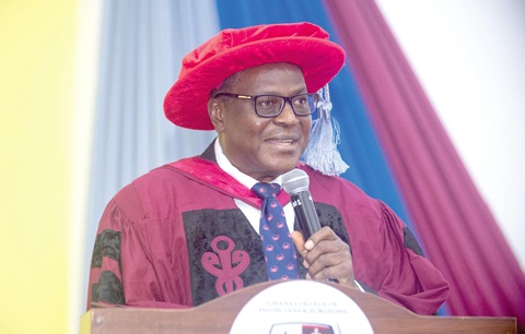 Prof. Enyonam Yao Kwawukume (seated 5th from right), Board Chairman, GCPS and other members with the inductees after the ceremony (INSET) Prof. Enyonam Yao Kwawukume- Board Chairman, GCPS