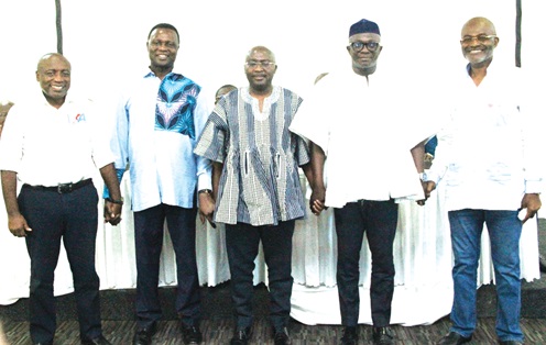NPP presidential aspirants (from right to left) : Ken Ohene Agyapong, Dr Bryan Acheampong, Dr Mahamudu Bawumia, Dr Yaw Osei Adutwum and Kwabena Agyei Agyepong after signing the peace pact last Thursday in Accra ahead of the party’s presidential primary on January 31