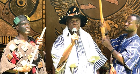 Nana Poku Gyeabour, the Manwerehene of the Techiman Traditional Area, launching the Apoo festival at the Ohene Ameyaw Palace