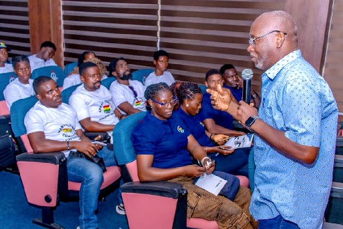Richard Akpokavie (left), GOC President, addressing the athletes at last Saturday's programme