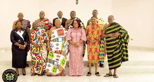 Nene Sakite II (3rd from left), President of the Eastern Region House of Chiefs, and Rita Akosua Adjei Awatey (3rd from right), Eastern Regional Minister, with other chiefs