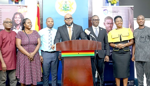 Mohammed Adams Sukparu (middle), Deputy Minister of Communication, Digital Technology and Innovation, launching the data protection week. Assisting him is Dr Arnold Kavaarpuo (3rd from right), Executive Director, Data Protection Commission (DPC), Emmanuel Gadasu (right), President, Ghana Association of Privacy Professionals, and other officers of DPC. Picture: BENEDICT OBUOBI