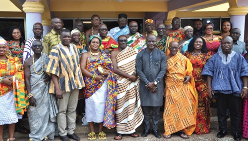 Ahmed Ibrahim (4th from right), Minister of Local Government, Chieftaincy and Religious Affairs, Togbe Tepre Hodo (5th from right), some members of VRHC, some paramount queens and other dignitaries after the meeting