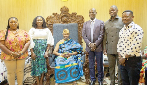 Haruna Iddrisu (3rd from right), Minister of Education, with Nii Tackie Teiko Tsuru II (seated), Ga Mantse; Rita Naa Odoley Sowah (2nd from left), Deputy Minister of Local Government, Chieftaincy, and Religious Affairs; Theresa Lardi Awuni (left), Member of Parliament for Okaikwei North; Alfred Nii Kotey Ashie (2nd from right), Member of Parliament for Odododiodio, and Ernest Adomako (right), Member of Parliament for Okaikwei South, after the meeting. Picture: CALEB VANDERPUYE