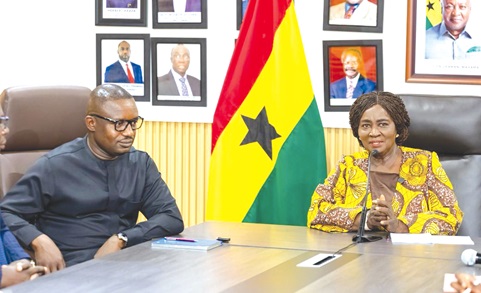 Prof. Naana Jane Opoku-Agyemang (right), Vice President, engaging  John Abdulai Jinapor, Minister of Energy and Green Transition, during her working visit to the ministry