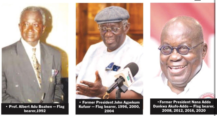 Prof. Albert Adu Boahen — Flag bearer,1992, Former President John Agyekum Kufuor — Flag bearer, 1996, 2000, 2004, Former President Nana Addo Dankwa Akufo-Addo — Flag bearer, 2008, 2012, 2016, 2020 