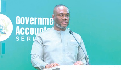 Kenneth Gilbert Adjei (inset), Minister of Works, Housing and Water Resources, speaking during his turn at the Government Accountability Series
