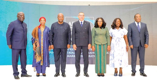 President John Dramani Mahama (3rd from left) with Carlos Vila Nova (middle), President of the Democratic Republic of São Tomé and Príncipe; Elizabeth Ofosu-Adjare (2nd from right), Minister of Trade, Agribusiness and Industry; Sir Sam Jonah (left), Chairman of Advisory Board, African Trade Chamber, and some dignitaries after the summit. Picture: ELVIS NII NOI DOWUONA 