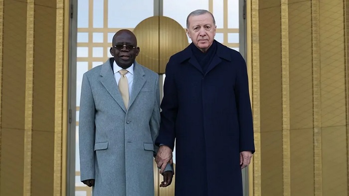 President Bola Tinubu (L) was pictured with his Turkish counterpart Recep Tayyip Erdogan (R) shortly after he fell