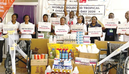 Nyaabiila Nsobilla Atindaana (2nd from right), Administrator at Ga West Municipal Hospital, Abigail Clerk (3rd from right), Communication expert at Newmont,  Professor Dziedzom Komi de Souza (5th from right), the Head of the Department of Clinical Pathology and leader of the NTD Group at the Department of Parasitology, with other members after the event