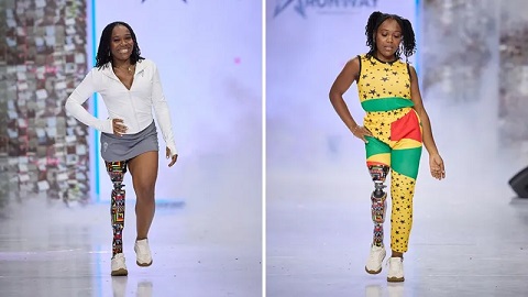 Meet the Ghanaian model who wraps her prosthetic leg in African print on the runway
