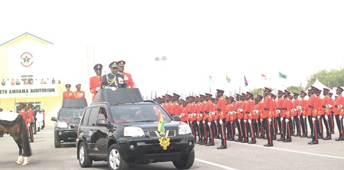 President John Dramani Mahama (middle),  Commander-in-Chief of the Ghana Armed Forces, inspecting the parade with Lt Gen. William Agyepong (right), Chief of Defence Staff. Picture: ESTHER ADJORKOR ADJEI