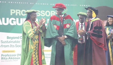 Prof. Rita Akosua Dickson (left), VC, KNUST; Prof. James Oppong-Kyekyeku (right), Chairperson, KNUST Public Lectures Committee, cheering on Prof. Ebenezer Kofi Howard (2nd from left), Vice-Dean, Faculty of Art, KNUST, after delivering a professorial lecture in Kumasi. Picture:  EMMANUEL BAAH