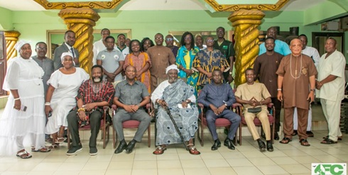 The Paramount Chief of the Nungua Traditional Area (Nungua Mantse), Oboade Notse King Professor Odaifio Welentsi III (seated middle), the Chief Executive of the Forestry Commission, Dr Hugh C.A Brown (seated 2nd left), and members of the Nungua Traditional Council and officials of the Forestry Commission.