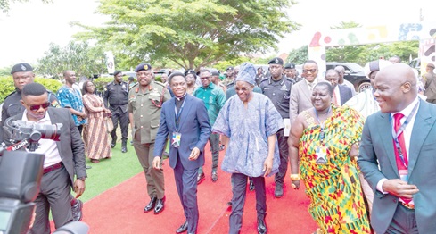 Alban Bagbin (3rd from left), Speaker of Parliament, being welcomed to the conference by Apostle Dr Eric Nyamekye (2nd from left), Chairman of the Church of Pentecost, and other dignitaries including Lt. General, William Agyapong (left), Chief of Defense Staff; Ahmed Ibrahim (right), Minister of Local Government, Chieftaincy and Religious Affairs