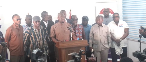 Justin Kodua Frimpong, NPP General Secretary, addressing the press conference. With him are some national executives of the party and Members of Parliament