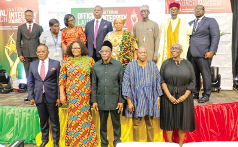 Alban Sumana Kingsford Bagbin (middle), Speaker of Parliament, with Justice William Atuguba (2nd from right), Chairman, National Integrity Awards Committee; Marietta Brew (right), Chairperson, Governing Council of the University of Ghana; Ebenezer Ahumah Djietror (left), Clerk to Parliament, and some dignitaries after the launch of the National Integrity Awards Scheme. Picture: ELVIS NII NOI DOWUONA 