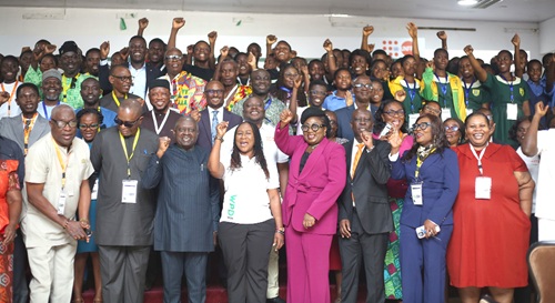 Angelina Osei Kodua-Nyanor (4th from left), acting Executive Director, National Population Council, with Dr Nii Akwei Addo (3rd from left), Deputy Council Chair, National Population Council; Patricia Appiagyei (4th from right), Chairperson, Parliamentary Caucus on Population and Development, dignitaries and students during the World Population Day commemoration in Accra.  Picture: BENEDICT OBUOBI