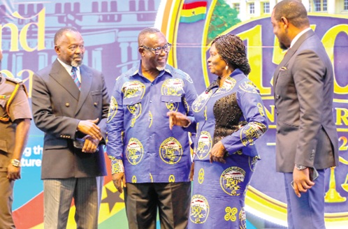 Prof. Naana Jane Opoku-Agyemang, Vice-President, interacting with Justice Paul Baffoe-Bonnie (2nd from left), Chief Justice; Dr Dominic Akuritinga Ayine (left), Attorney-General and Minister for Justice, and Dr Justice Srem-Sai (right), Deputy Attorney-General, at the 150th anniversary celebration of the Supreme Court. Picture: ELVIS NII NOI DOWUONA 