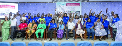 James Azortibah (seated 4th from right), General Secretary of TEWU of TUC-Ghana, with other executives and participants in the Education Support Day 