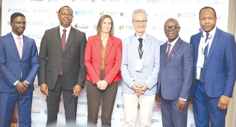 Samuel Appiah Darko (left), Director Strategy, Research Communication, OSP; Joseph Akanjolenur Whittal (2nd from left), Commissioner, CHRAJ; Ingrid Skjolaas (3rd from left), Deputy Head of Mission, Norweigian Embassy; Francois Valerian (3rd from right), Chairman, Transparency International; Rev. Emmanuel Ansah (2nd from right), and Samuel Kaninda (right), Africa Regional Advisor of Transparency International, after the meeting. Picture: BENEDICT OBUOBI   
