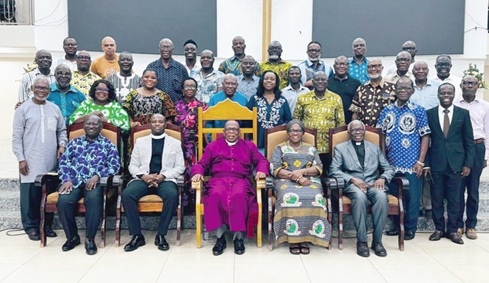 The Rt. Rev. Andrew Mbeah-Baiden (seated middle), Bishop, Northern Accra Diocese of the Methodist Church Ghana, Very Rev. Solomon T. Nortey (seated 2nd from left), Superintendent Minister, Airport East Circuit and Very Rev. Yaw Addai-Yeboah (seated right), Minister at the KDM, with  some members of the Men’s Fellowship and de Graft-Johnson family after the lecture