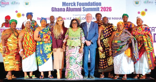 Lordina Mahama (middle) with Dr Rasha Kelej (4th from left), CEO of Merck Foundation, queenmothers and other participants in the summit 