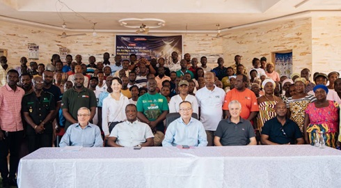 The World Bank Vice-President for Planet, Guangzhe Chen (seated middle), the Chief Executive of the Forestry Commission (seated, 1st right) in a group photograph with beneficiaries of the GCRP at the Atewa HIA.