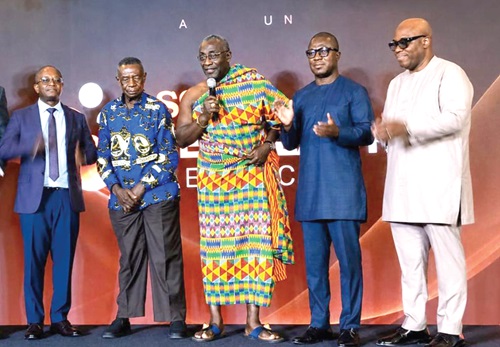 Nana Ansah Sasraku III (middle), Board Chair of SSNIT, launching the Telehealth Service. With him are Kwesi Afreh Biney (2nd from right), Director-General of SSNIT; Dr Henry Shirazu Alhassan (right), Supervising Director of The Trust Hospital; Stephen Boakye (2nd from left), General Secretary of NPA, and Dr Victor Asare Bampoe (left), CEO of NHIA