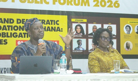 Kwaku Antwi Boasiako (left), Governance Expert, answering questions at the forum. Looking on is Beauty Emefa Narteh, Executive Director, Ghana Anti-Corruption  Coalition. Picture: ERNEST KODZI