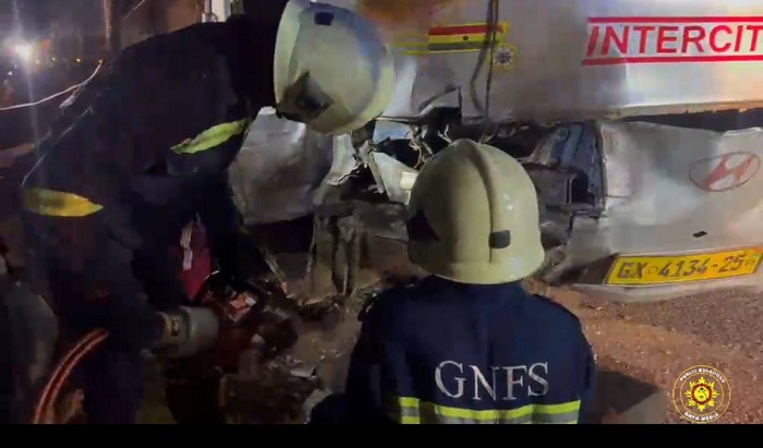 Firefighters rescue trapped victim after STC bus, Kia Picanto taxi collide at Konongo Akrantiebesa