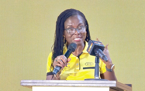 Adjoa Wiafe (right), Head of Corporate Relations and Sustainability, MTN Ghana, delivering her remarks at the launch.