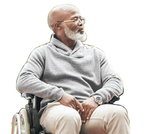 An elderly man in a wheelchair