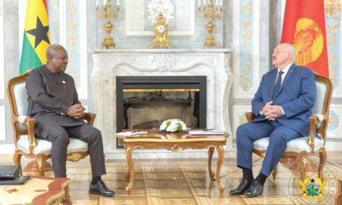 President John Dramani Mahama (left) in a discussion with President Alexander Lukashenko, President of the Republic of Belarus, during a meeting