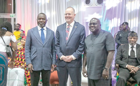 Rolf Olson (2nd from left), Charge d’Affaires of the US Embassy, flanked  by Julius Debrah (2nd from right), Chief of Staff, and Dr Dominic Ayine, Attorney-General, at the event. With them is King Tackie Teiko Tsuru II (seated right), the Ga Mantse. Picture: DOUGLAS ANANE-FRIMPONG